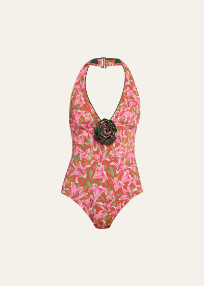 Verandah Rosette Halter One-piece Swimsuit In Rust Lily Print