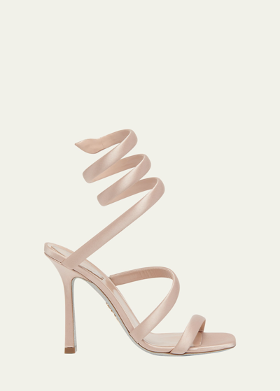René Caovilla Snake-wrap Satin Stiletto Sandals In Nude