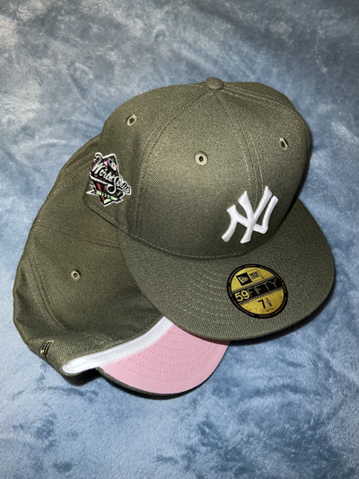 Pre-owned New Era Exclusive Ny Yankees Fitted Olive Green Ny Pink Bottom 7 3/8 In Olive Green/pink