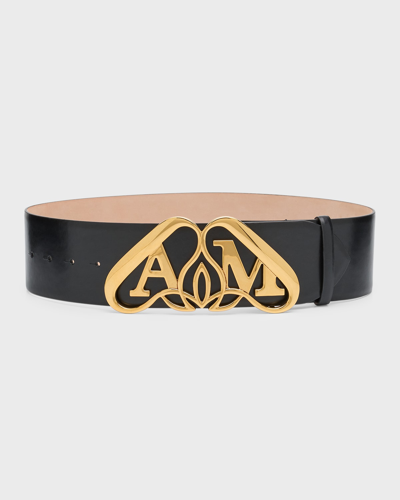 Alexander Mcqueen Leather Belt With Gold Logo Detail In Black