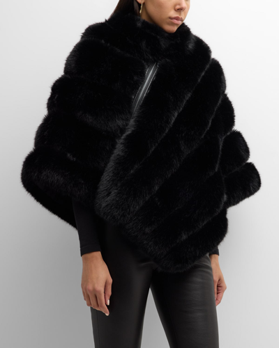 Adrienne Landau Asymmetric Striped Faux Fur Poncho In Black