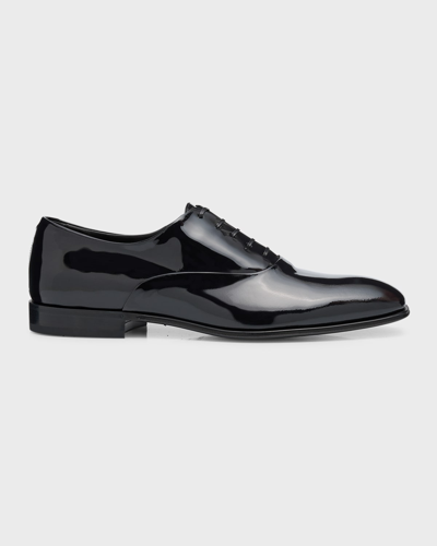 Ferragamo Men's Patent Leather Square Plain Toe Oxfords In Nero New Biscotto