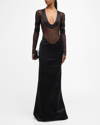 LAQUAN SMITH PLUNGING SCOOP-NECK MESH LONG-SLEEVE SATIN GOWN