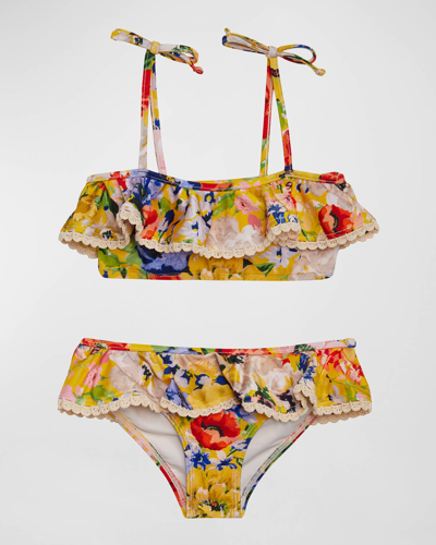 Zimmermann Kids' Girl's Alight Frill-trim Bikini Set In Yellow Floral