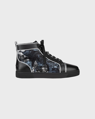 Christian Louboutin Louis Metallic Camouflage-print Leather High-top Sneakers In Black