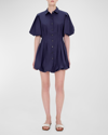 Simkhai Cleo Polin Balloon-sleeve Pleated Mini Dress In Midnight