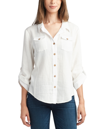 Bcx Juniors' Gauze Button-down Roll-tab-sleeve Collared Shirt In Off White