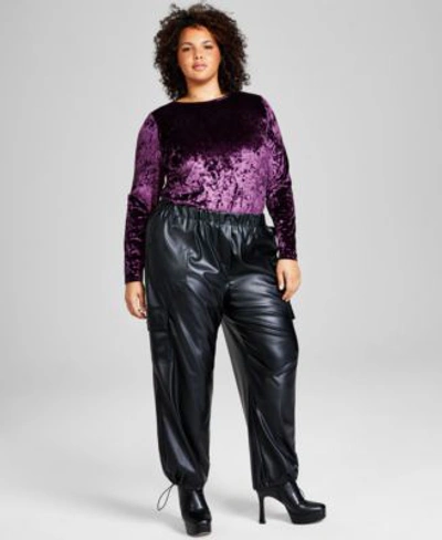 And Now This Now This Plus Size Velvet Crewneck Top Faux Leather Cargo Pants In Black