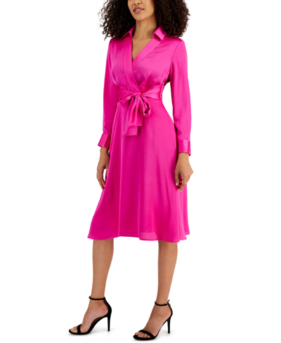 Tahari Petite Collared V-neck Side-tie Midi Dress In Shocking Pink