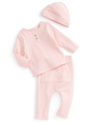 FIRST IMPRESSIONS BABY GIRLS SOLID SOFT RIB HAT, TOP AND PANTS, 3 PIECE SET, CREATED FOR MACY'S
