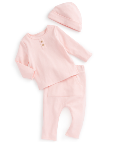 First Impressions Baby Girls Solid Soft Rib Hat, Top And Pants, 3 Piece Set, Created For Macy's In Creamy Berry