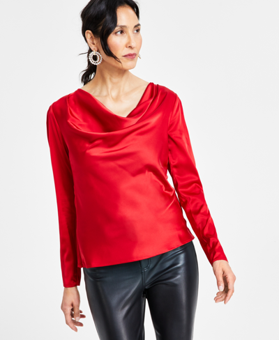 Inc International Concepts Women's Cowl Neck Long-sleeve Blouse, Created For Macy's In Red Zenith