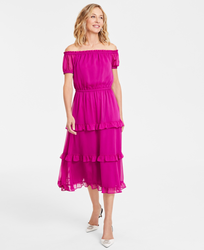 Inc International Concepts Women's Off-the-shoulder Tiered-ruffle Dress, Created For Macy's In Burnished Berry