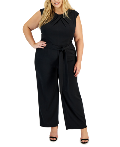 Tahari Plus Size Pleated-neck Belted Wide-leg Jumpsuit In Black