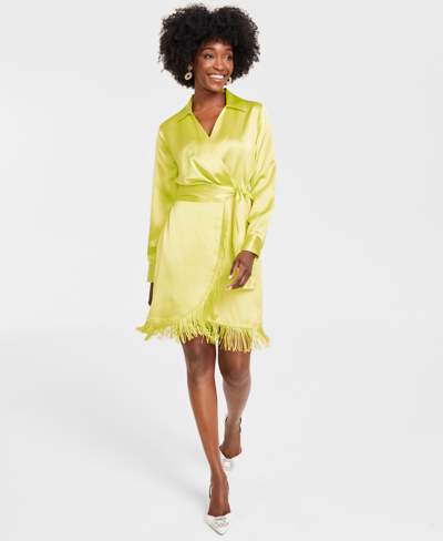 Inc International Concepts Women's Faux-wrap Fringe-trim Dress, Created For Macy's In Lemon Lime