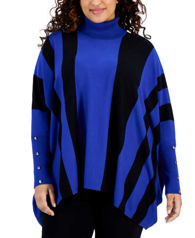 Jm Collection Plus Size Striped Turtleneck Poncho Sweater, Created For Macy's In Modern Blue Combo