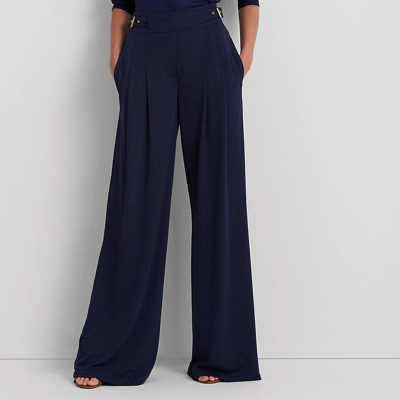 Lauren Petite Pleated Stretch Jersey Wide-leg Pant In Refined Navy