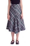 English Factory Women's Plaid Midi A Line Skirt In Grey/ Green