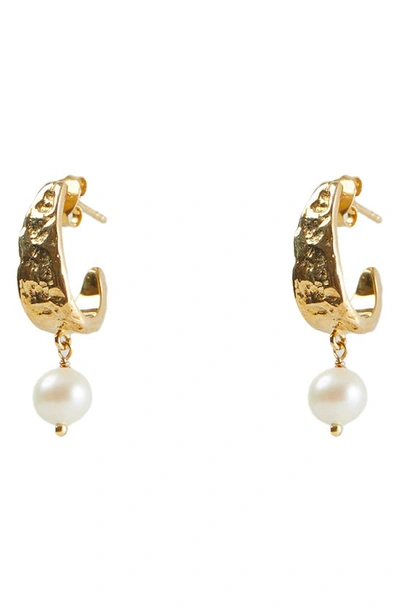 Argento Vivo Sterling Silver Molten Freshwater Pearl Drop Hoop Earrings In Gold