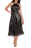 Dress The Population Hannah Pleated Metallic Halter Dress In Gunmetal