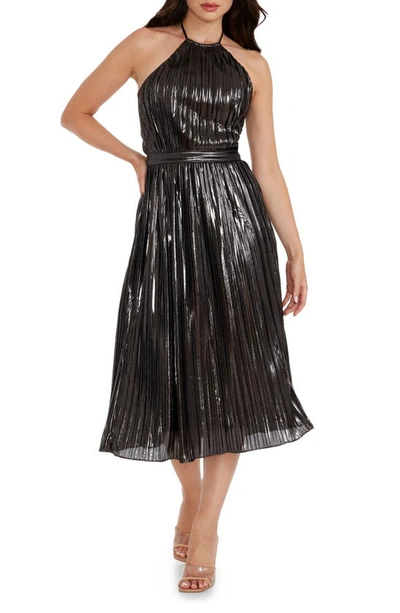 Dress The Population Hannah Pleated Metallic Halter Dress In Gunmetal