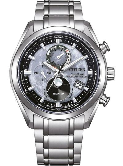 Pre-owned Citizen Titanium Sapphire Moonphase Radio Controlled By1010-81h Gray Dial Watch