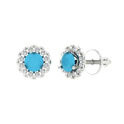 Pre-owned Pucci 3.45 Ct Round Cut Halo Classic Stud Simulated Turquoise Earrings 14k White Gold
