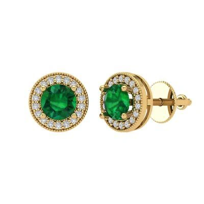 Pre-owned Pucci 3.60 Round Halo Designer Stud Simulated Emerald Earrings Solid 14k Yellow Gold