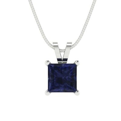 Pre-owned Pucci 1.50 Princess Simulated Blue Sapphire Pendant Necklace 16" Chain 14k White Gold