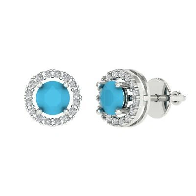 Pre-owned Pucci 1.6 Round Halo Classic Designer Stud Simulated Turquoise Earrings 14kwhite Gold