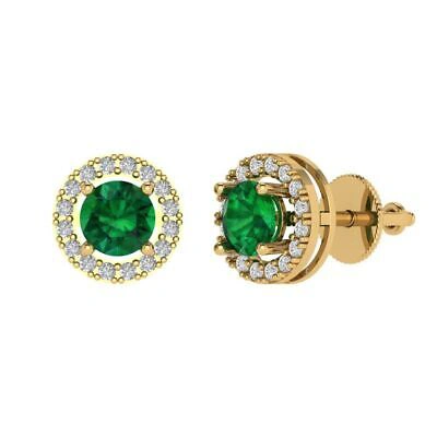 Pre-owned Pucci 1.6 Round Halo Designer Stud Simulated Emerald Earrings Solid 14k Yellow Gold