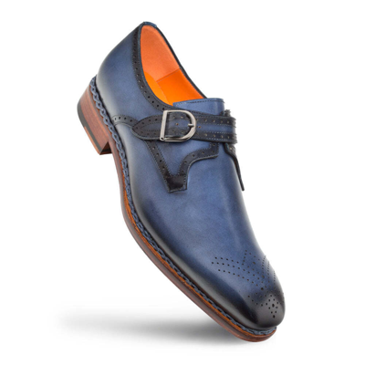 Pre-owned Mezlan Dress Shoes Genuine Leather Artisan Welt Monk Strap Single Monk Blue