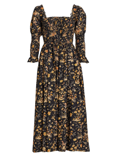 D Ô E N Women's Bijou Printed Cotton Smocked Midi-dress In Navy Oaks Bluffs