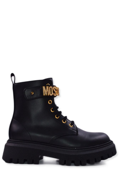 Moschino Kids' Logo-lettering Leather Ankle Boots In Black