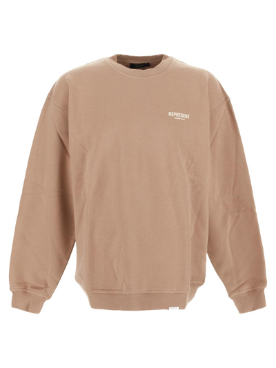 Represent Cotton Sweatshirt With Printed Logo On The Front In Beige
