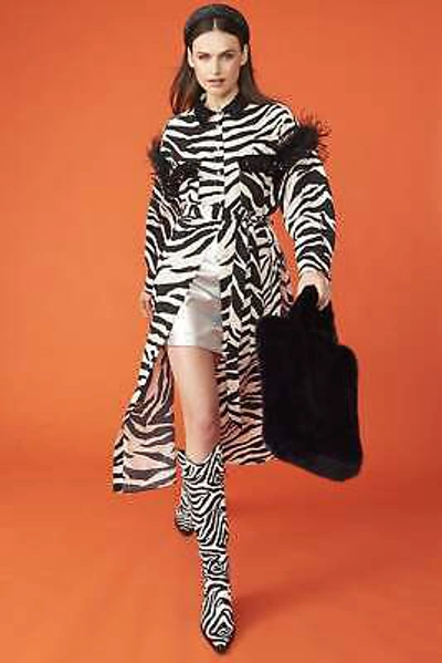 Pre-owned Jayley Zebra Trench Coat With Feather Trim And Embellished Collar