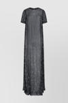 RABANNE TRANSPARENT FLUID MAXI DRESS WITH SHORT SLEEVE AND SLIVER STUDS