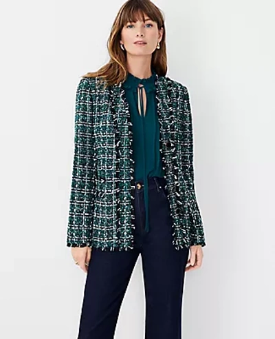 Ann Taylor Tweed V-neck Cardigan Jacket In Green Multi