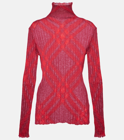 Burberry Checked Ribbed Mohair-blend Turtleneck Sweater In Red