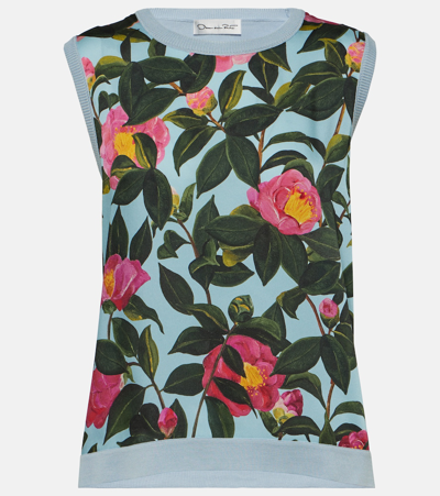 Oscar De La Renta Camellia Print Inset Tank Top In Pink Pale Blue