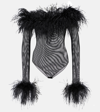 OSEREE FEATHER-TRIMMED MESH BODYSUIT