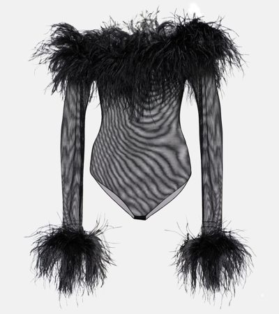 Oseree Feather-trimmed Mesh Bodysuit In Black