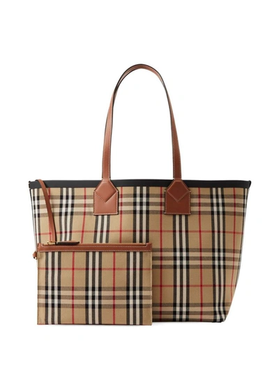 Burberry Medium Check Cotton London Tote Bag In Brown