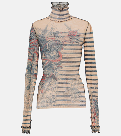 Jean Paul Gaultier Tattoo Collection Tulle Turtleneck Top In Multicoloured