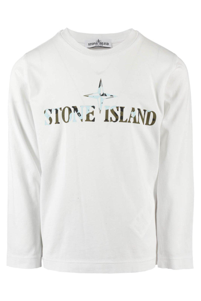 Stone Island Junior Kids' Logo-printed Long-sleeved Crewneck T-shirt In Ivory