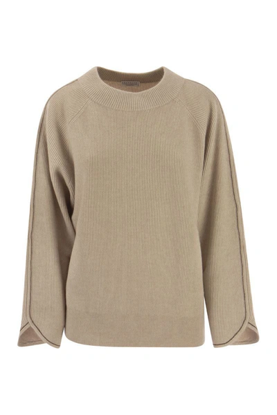 Brunello Cucinelli Cashmere Sweater With Monile In Sand