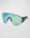 Moncler Men's Rapide Plastic Shield Sunglasses In Shiny Black Blue Mirror