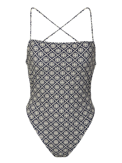 Tory Burch Printed Tie-back One-piece Swimsuit In Blue,beige