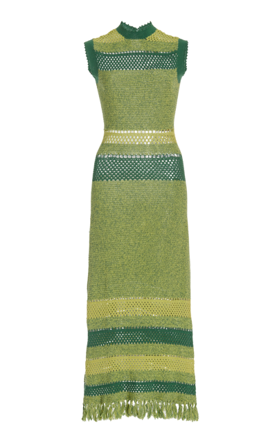 Escvdo Nanay Fringe-detailed Crocheted Cotton Maxi Dress In Green