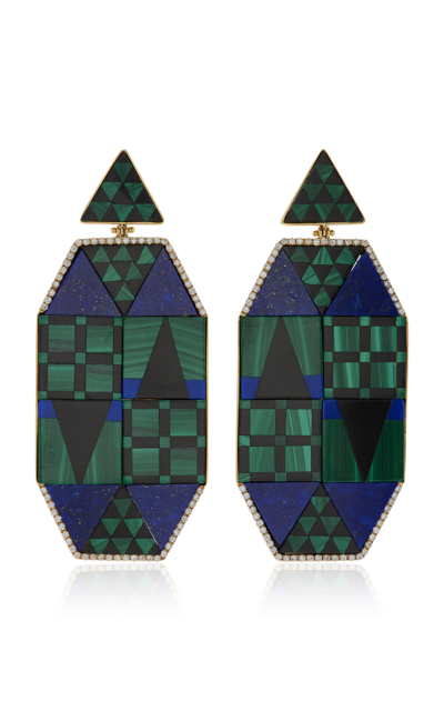 Casa Castro 18k Yellow Gold Multi-gem Mosaic; Diamond Earrings In Blue